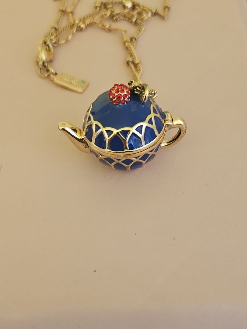 Gold-Tone Blue Enamel Teapot Pendant Necklace - Women's Jewelry. Vintage